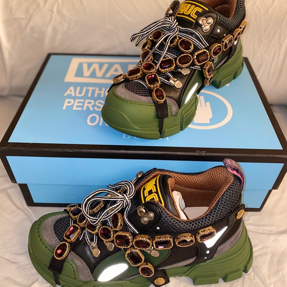Gucci Green and Black Embellished Sneakers